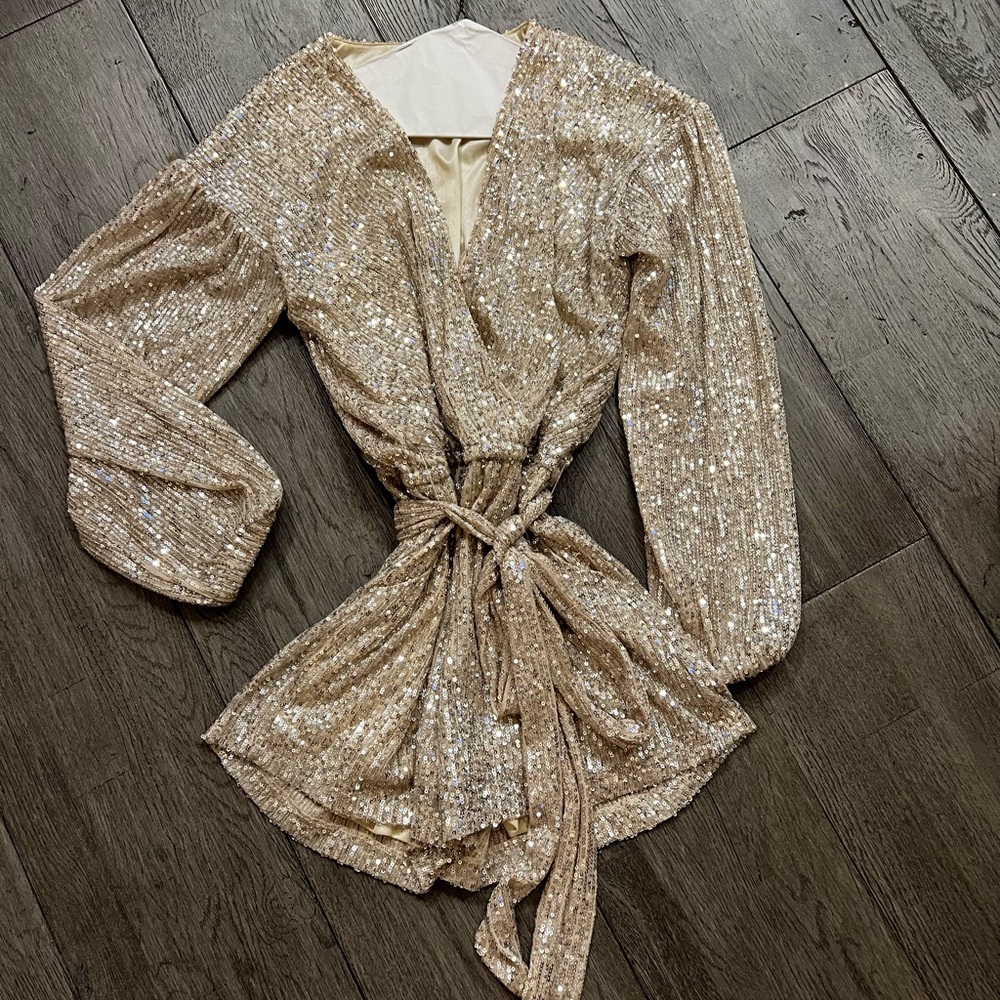 Sequin champagne belted romper Medium